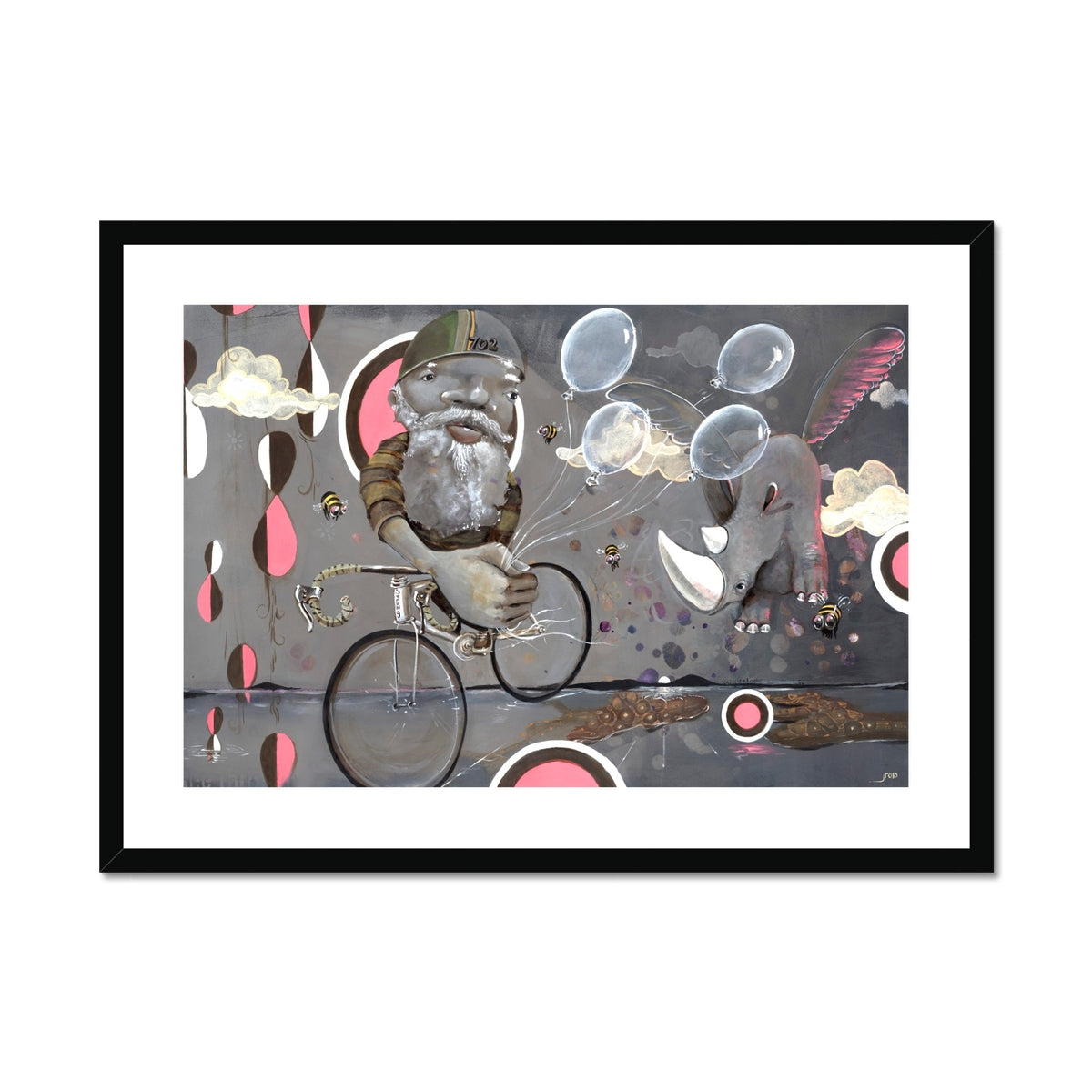 Beyond Ice Cream Island by Prodigi is a whimsical giclée print on fine art paper, featuring a bearded man cycling among balloons, bees, clouds, and a winged elephant. Framed in classic black and white.