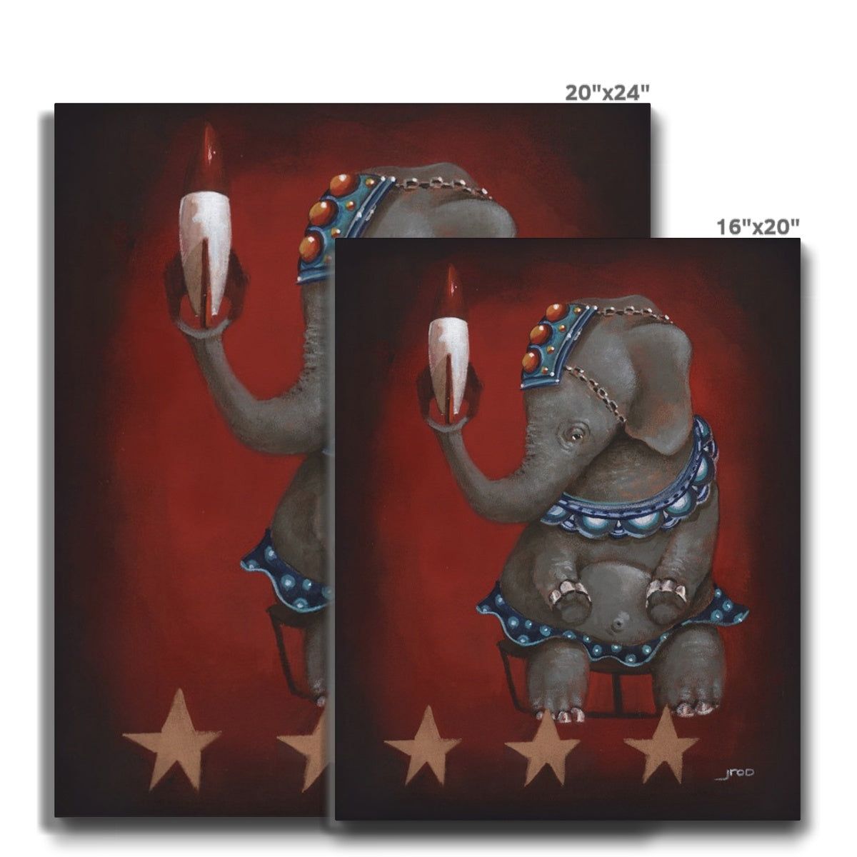 Whimsical circus elephant painting holding a rocket with bold retro flair. two canvas sizes displayed. 