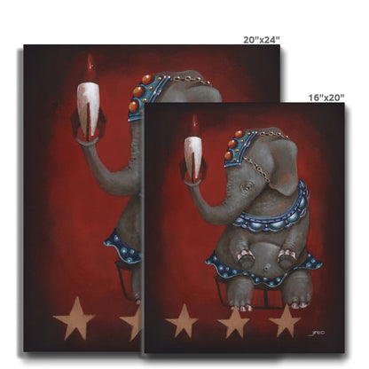 Whimsical circus elephant painting holding a rocket with bold retro flair. two canvas sizes displayed. 