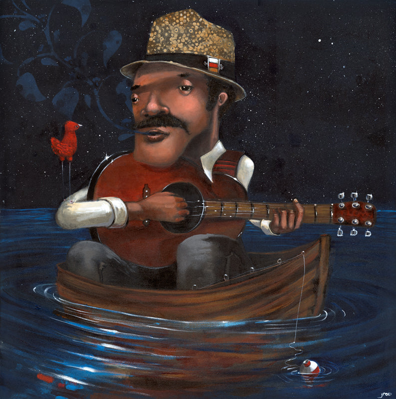 Under a starry sky, Deep Water Blues by jarrodeastman depicts a mustached man playing guitar in a small boat at night, with a red bird perched nearby and his fishing line dipping into the water.
