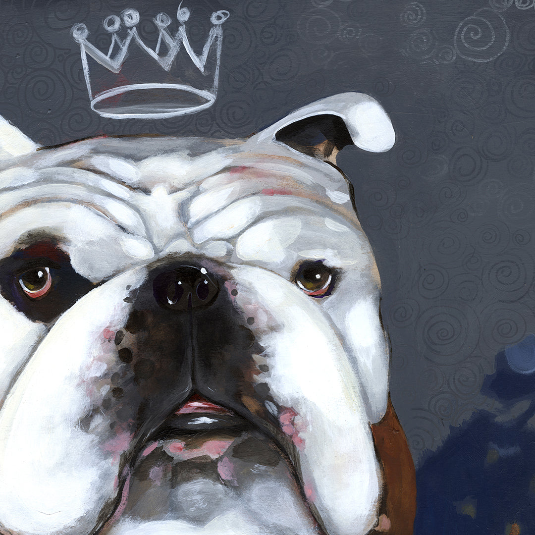 Dot Your Ts by Prodigi depicts a serious bulldog against a gray backdrop, with a sketched white crown for regal flair and swirling patterns. Available as archival-quality art prints on fine art paper.