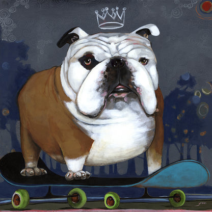 jROD's “Dot Your T’s” features a bulldog on a skateboard with a white crown above its head against a dark backdrop. Archival quality prints on fine art paper capture the bulldog’s determined look and every textured detail.