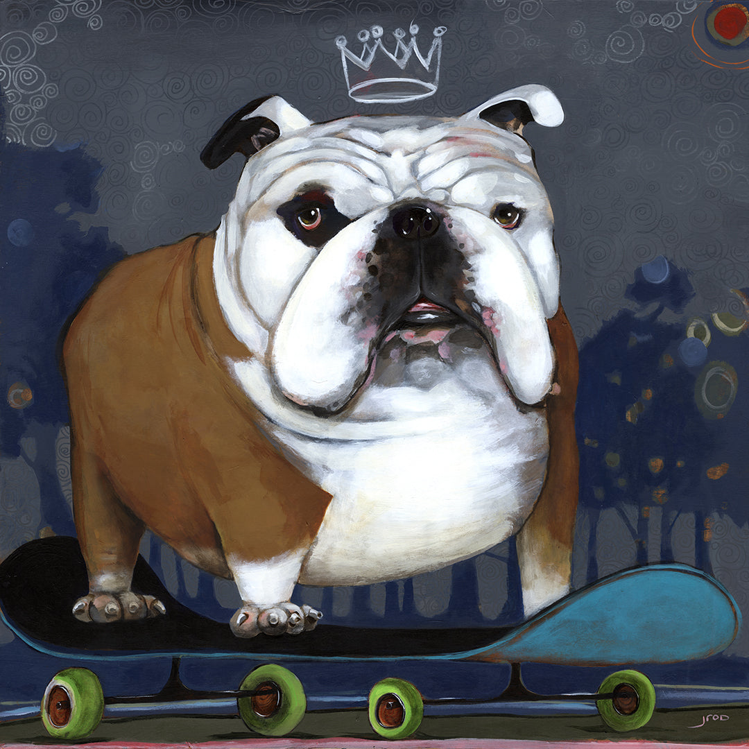 jROD's “Dot Your T’s” features a bulldog on a skateboard with a white crown above its head against a dark backdrop. Archival quality prints on fine art paper capture the bulldog’s determined look and every textured detail.