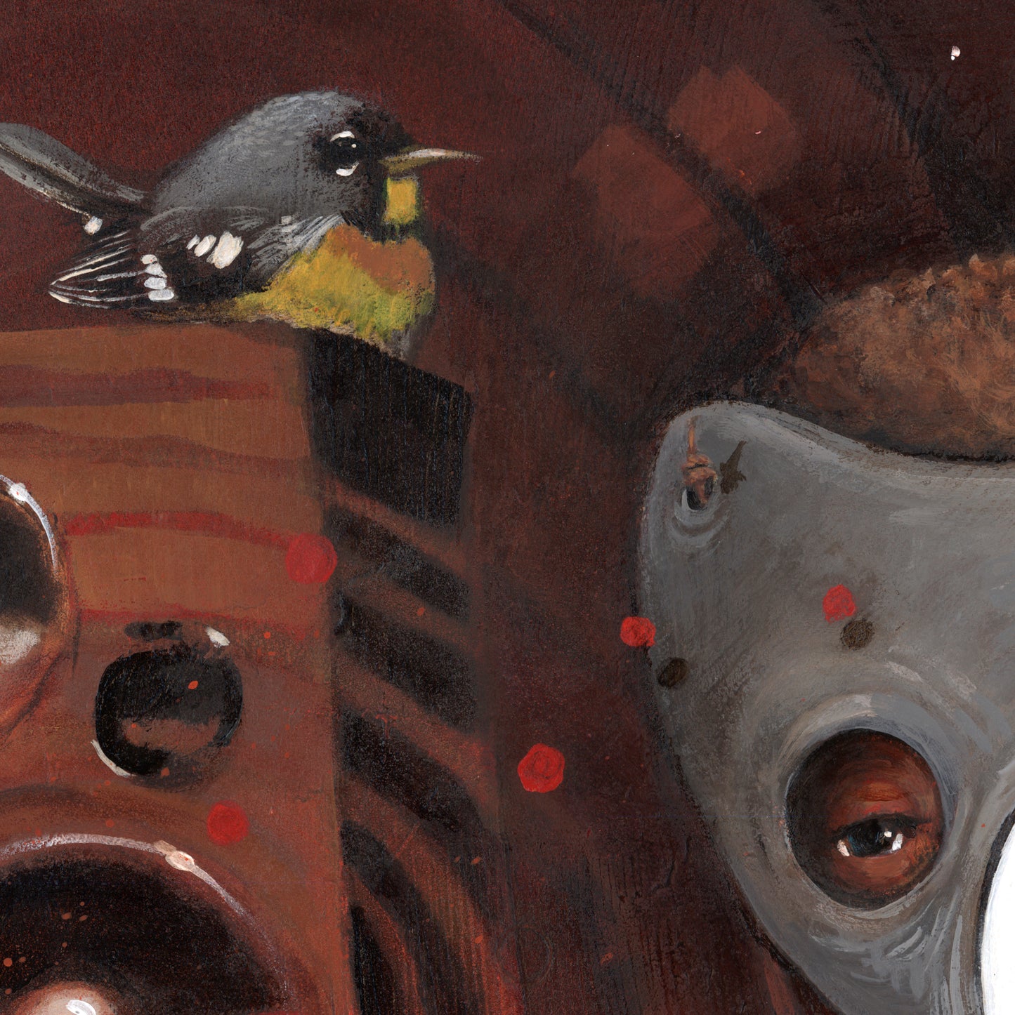 The Prodigi down in it artwork features a small bird with yellow and grey feathers beside a stylized animal face and abstract shapes on a dark, textured background, beautifully printed on artist-grade cotton canvas.