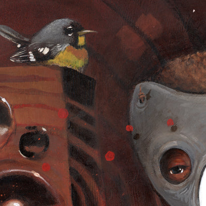 The Prodigi down in it artwork features a small bird with yellow and grey feathers beside a stylized animal face and abstract shapes on a dark, textured background, beautifully printed on artist-grade cotton canvas.