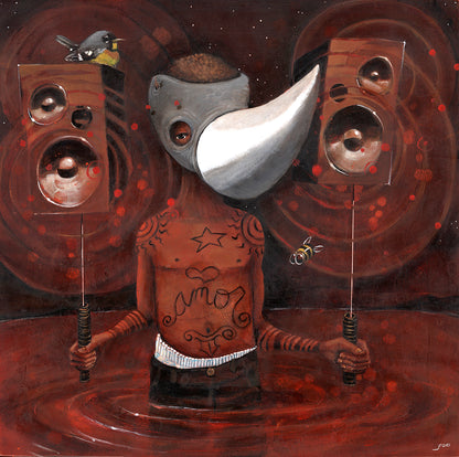 “down in it” by Prodigi depicts a tattooed figure in a gray bird mask standing in a red pool, holding large speakers. A bird and bee hover nearby, set against an abstract dark red backdrop on artist-grade cotton canvas.