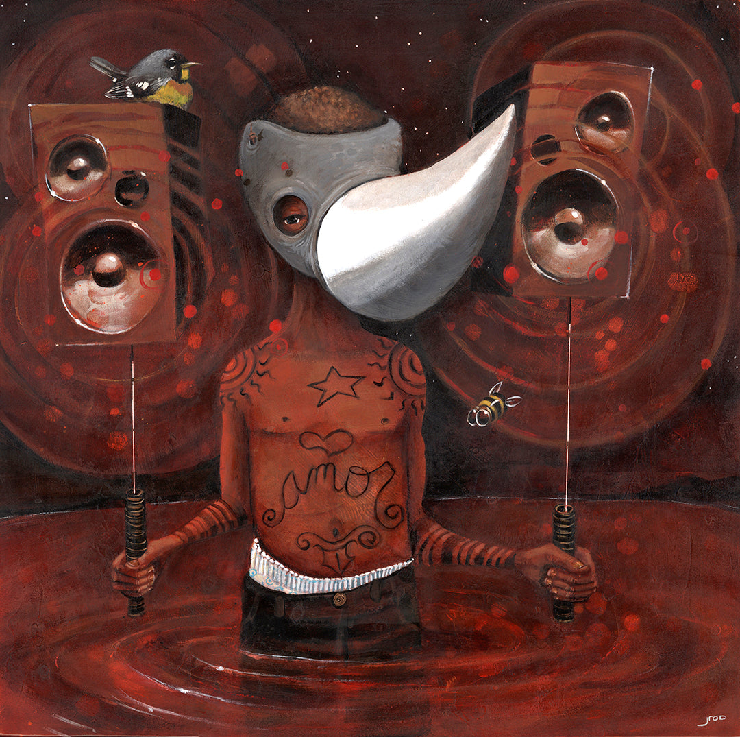 “down in it” by Prodigi depicts a tattooed figure in a gray bird mask standing in a red pool, holding large speakers. A bird and bee hover nearby, set against an abstract dark red backdrop on artist-grade cotton canvas.