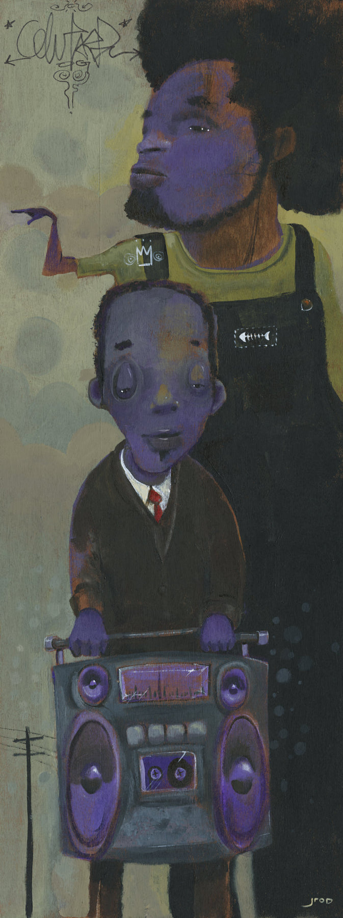 “Down the Block” by jarrodeastman is an original acrylic painting of a young boy in a suit holding a large boombox, both with purple skin tones and serious faces, set against abstract graffiti and muted colors.