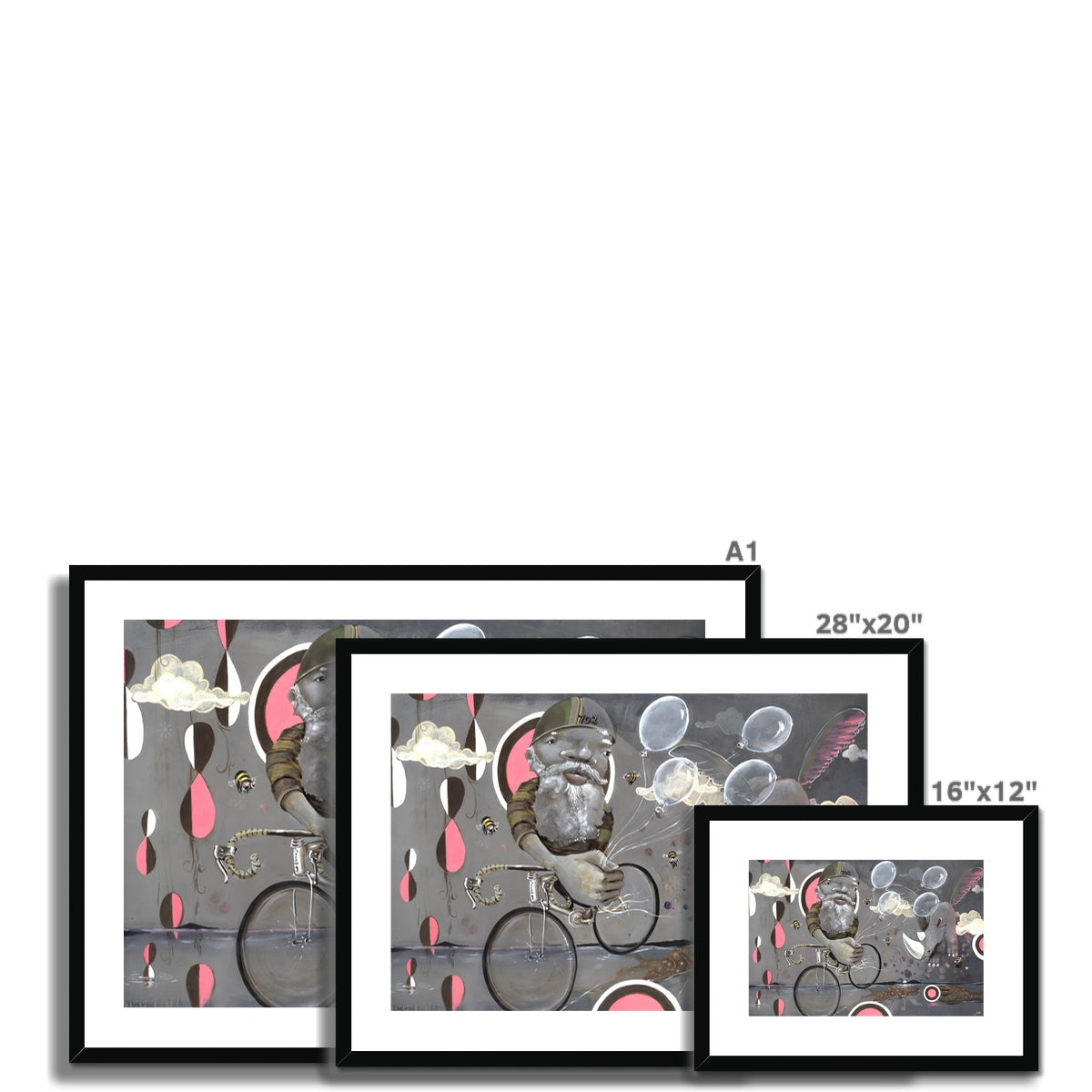 The Beyond Ice Cream Island set by Prodigi features three whimsical giclée prints of a bearded man bicycling with bubbles and clouds, available in 28x20, 20x16, and 16x12 sizes on fine art paper.
