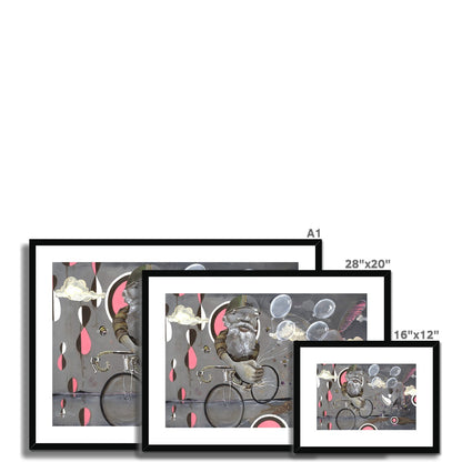 The Beyond Ice Cream Island set by Prodigi features three whimsical giclée prints of a bearded man bicycling with bubbles and clouds, available in 28x20, 20x16, and 16x12 sizes on fine art paper.