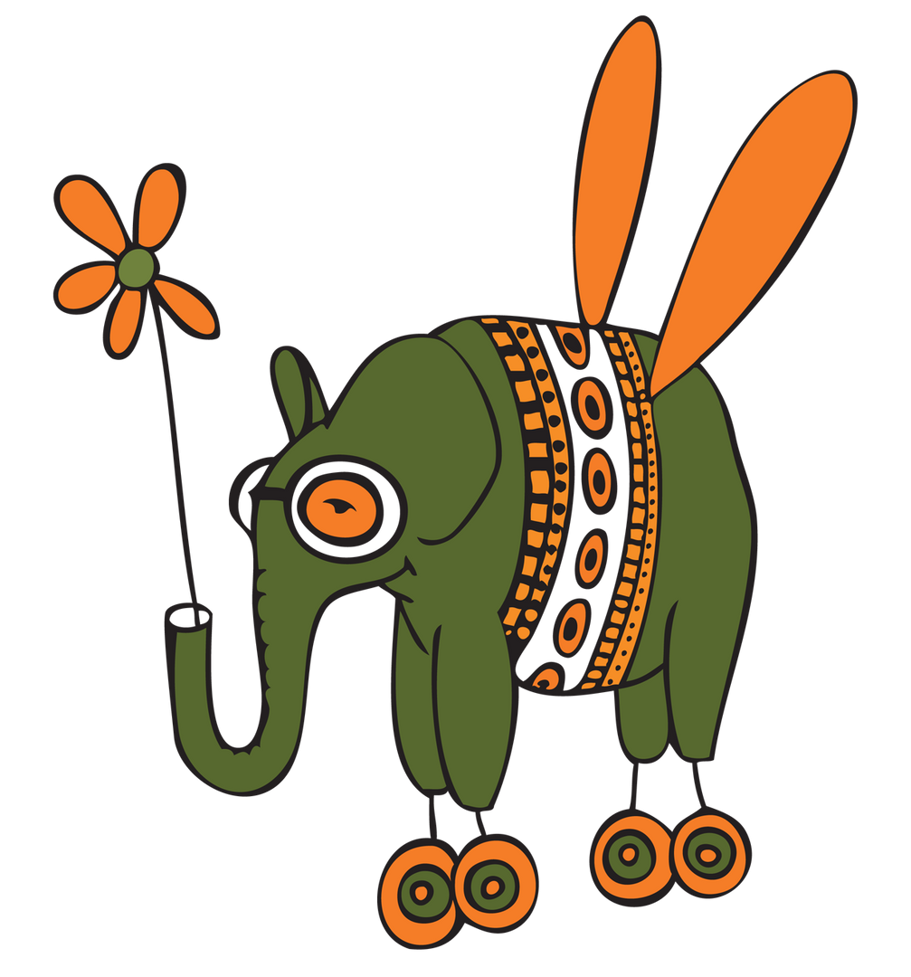 A whimsical illustration of a green elephant with orange wings, round glasses, and decorative patterns on its body, accompanied by a stylized orange flower and three circular designs.