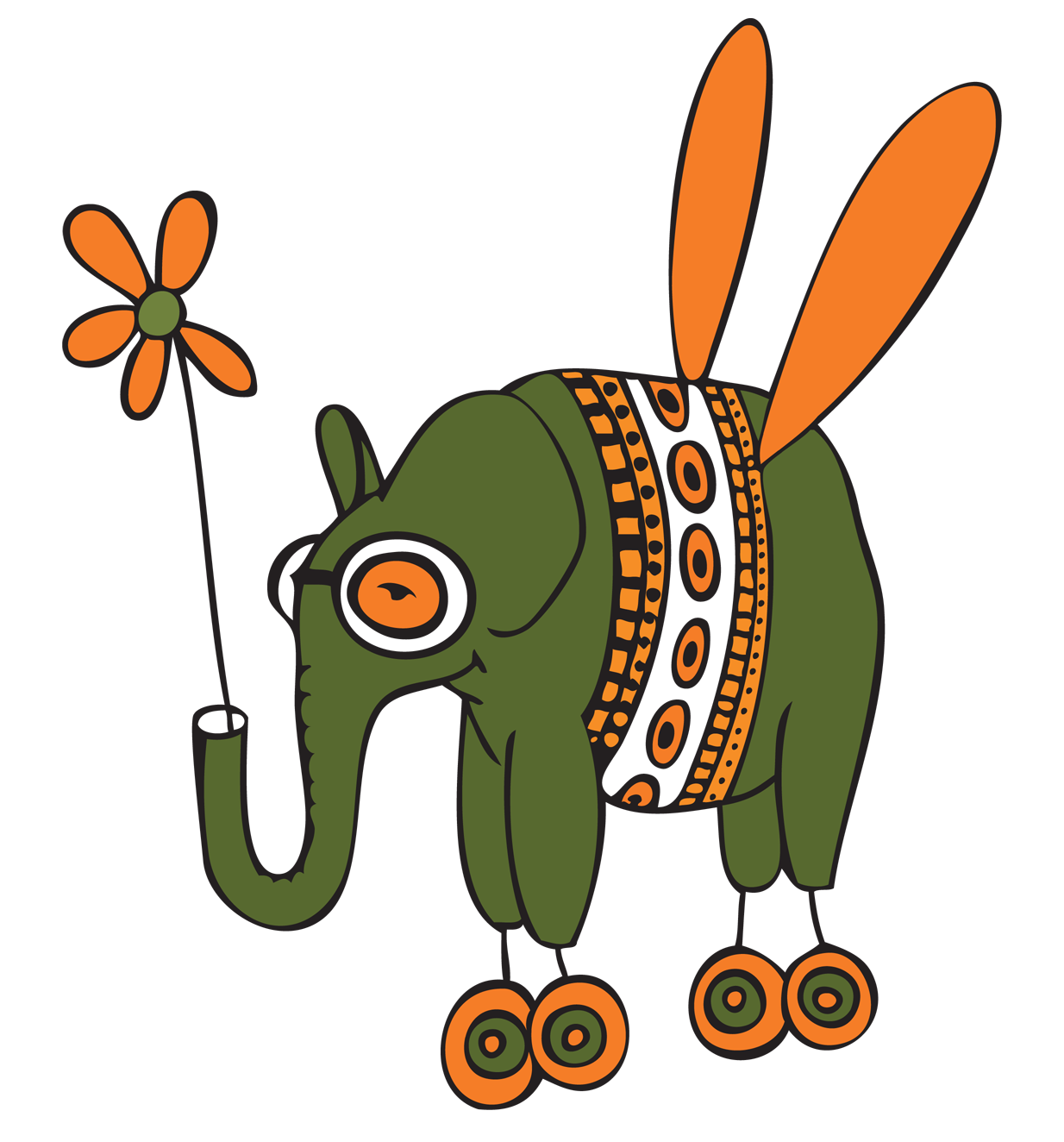 A whimsical illustration of a green elephant with orange wings, round glasses, and decorative patterns on its body, accompanied by a stylized orange flower and three circular designs.