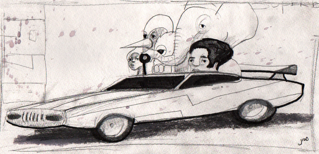 “Everyone but the roadrunner” by jarrodeastman is an original drawing of a speeding car with a human, bird, elephant, and duck—all with exaggerated heads. Custom frames and free US shipping available.