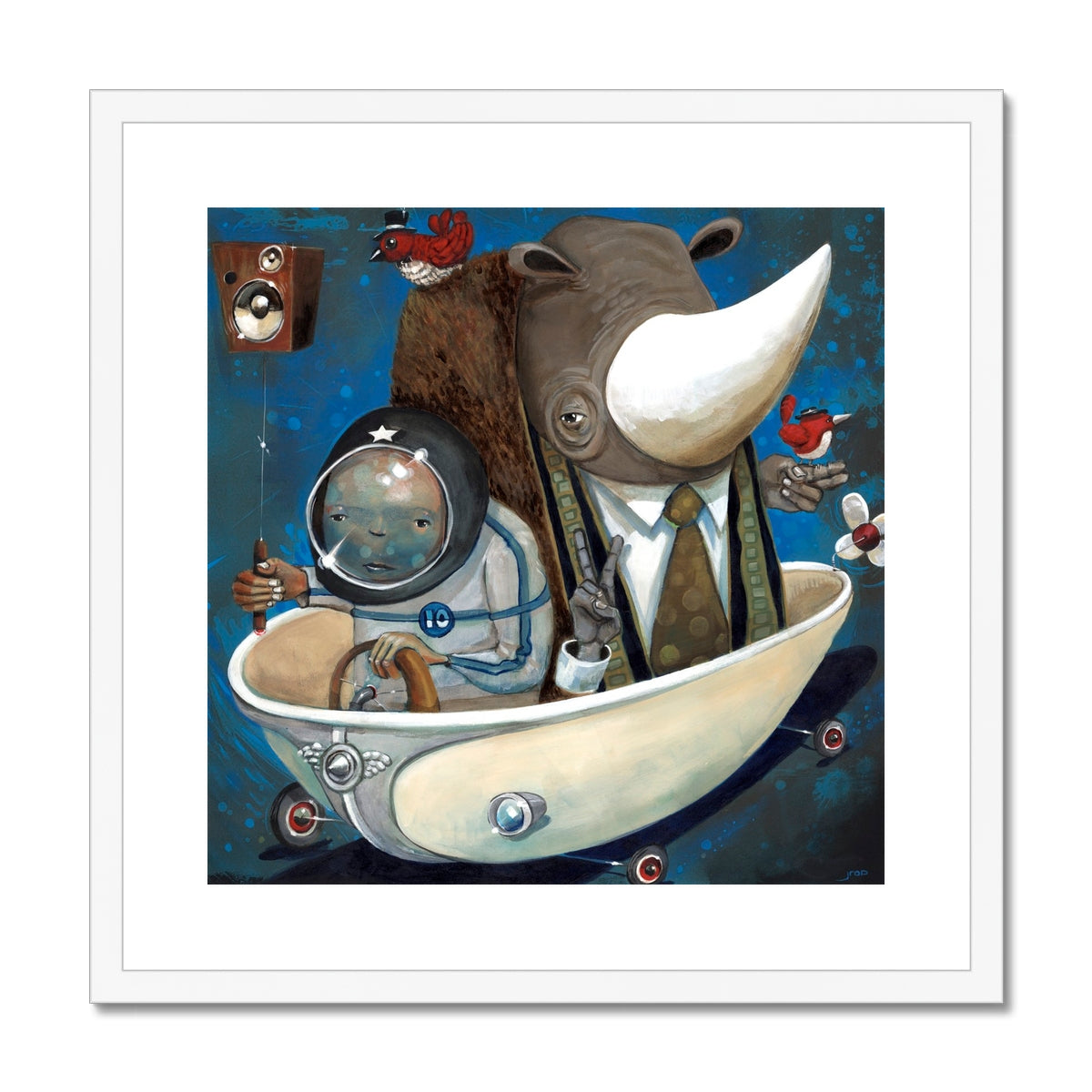 Preaching to the Choir by Jarrod Eastman: surreal contemporary painting of a suited rhino riding in a bathtub-like vessel with an astronaut and whimsical birds, rich in playful detail.