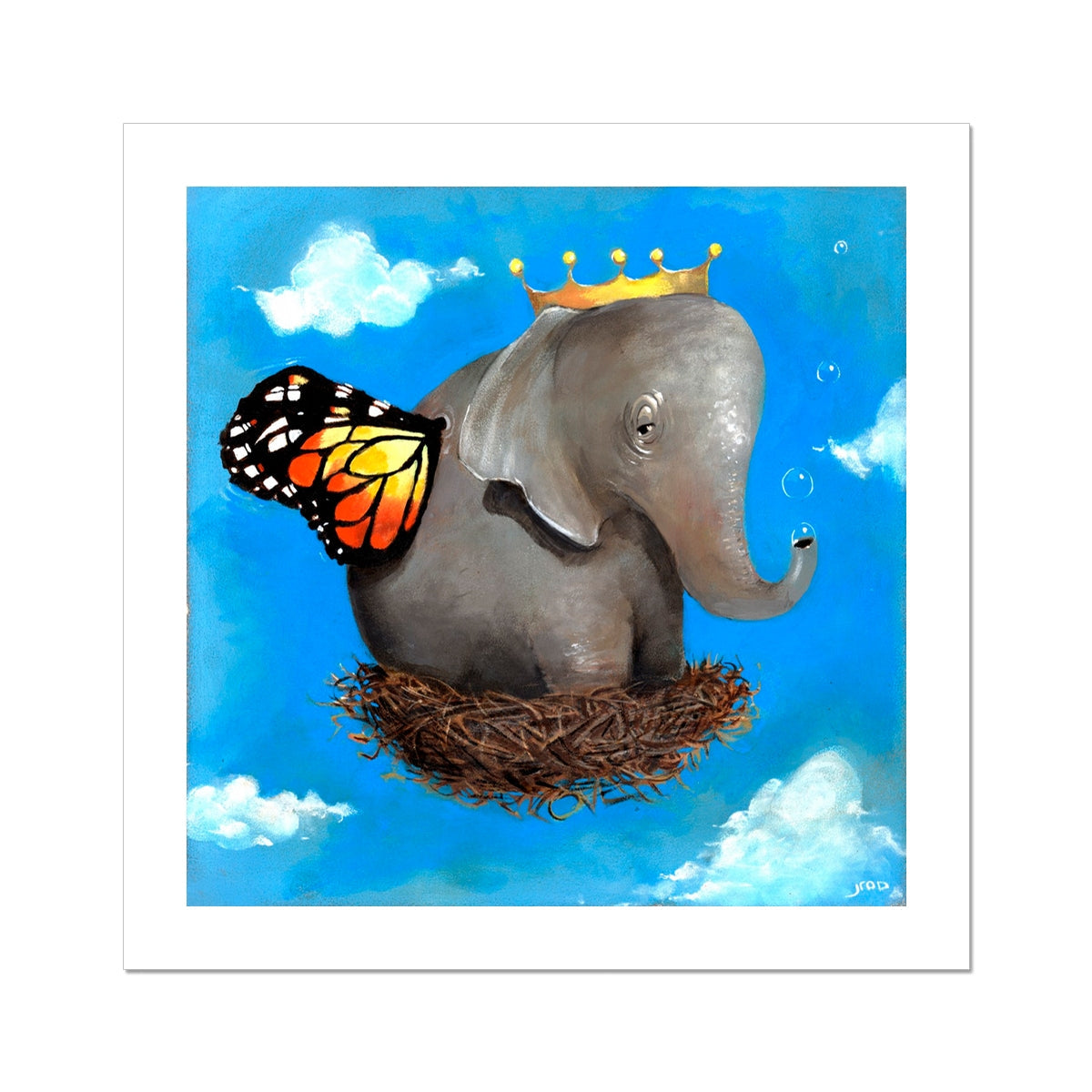 "Surreal elephant with monarch wings and crown resting in a nest of dreams."