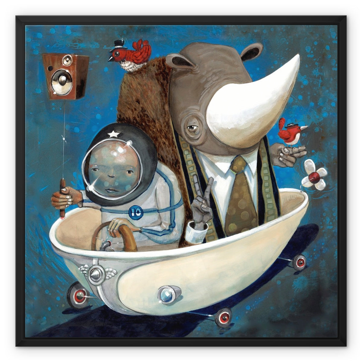 Preaching to the Choir by Jarrod Eastman features a whimsical child in a space helmet and a rhino in a suit riding a wheeled bathtub, surrounded by birds, a mouse, and playful gadgets on a blue background.
