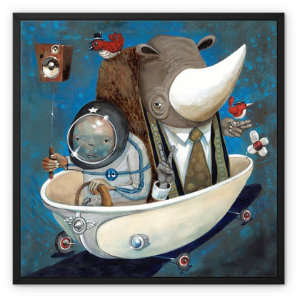 Preaching to the Choir by Jarrod Eastman features a whimsical child in a space helmet and a rhino in a suit riding a wheeled bathtub, surrounded by birds, a mouse, and playful gadgets on a blue background.