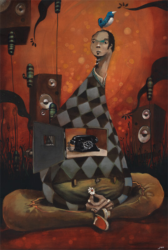 “From the Inside Out” by jarrodeastman: Surreal acrylic art featuring a diamond-patterned figure with an elongated neck, bird on its head, open door chest exposing a rotary phone, and daisy in hand—all set against a vivid red-orange backdrop.