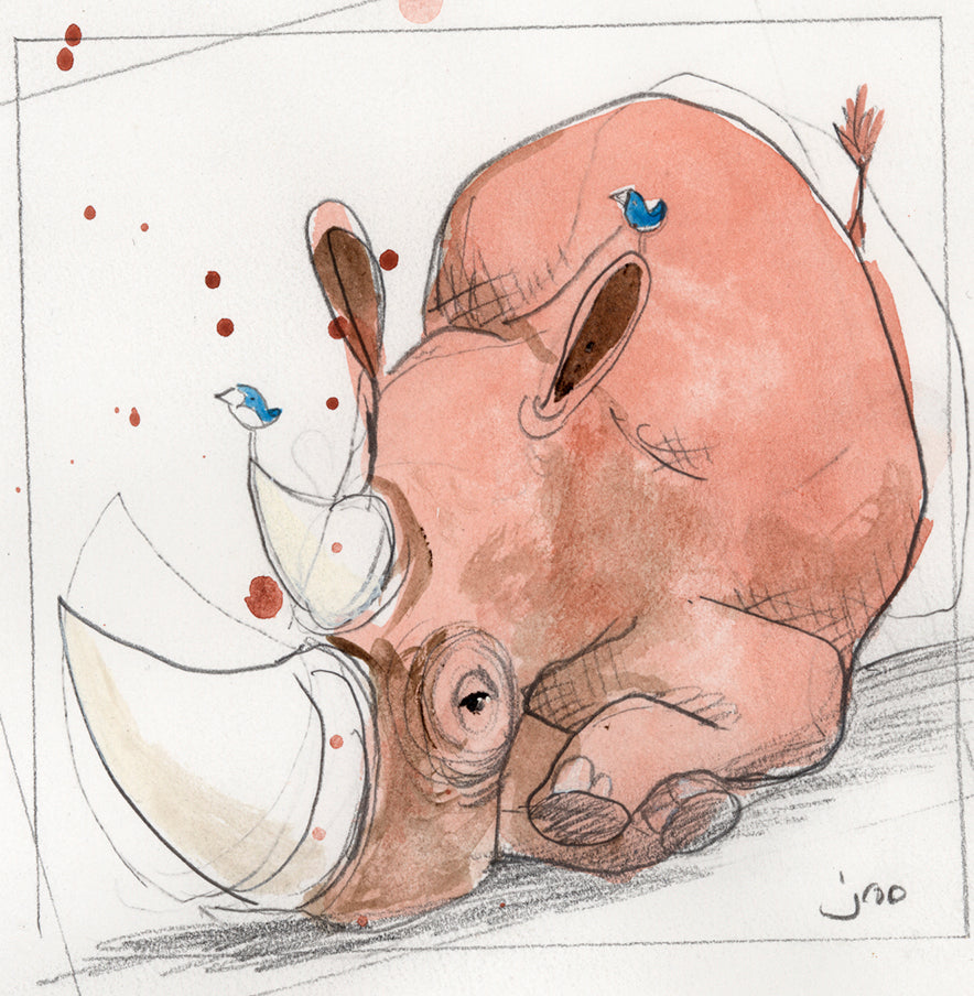 Giant Contentedness by jarrodeastman: A pencil drawing of a large-horned rhino resting on its side, with two small blue birds on its ear and horn, depicted in loose lines and soft pink and gray watercolor accents.