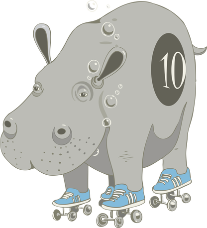 A cartoon hippo wearing blue sneakers is roller-skating. It has the number 10 on its side and bubbles floating around its head.