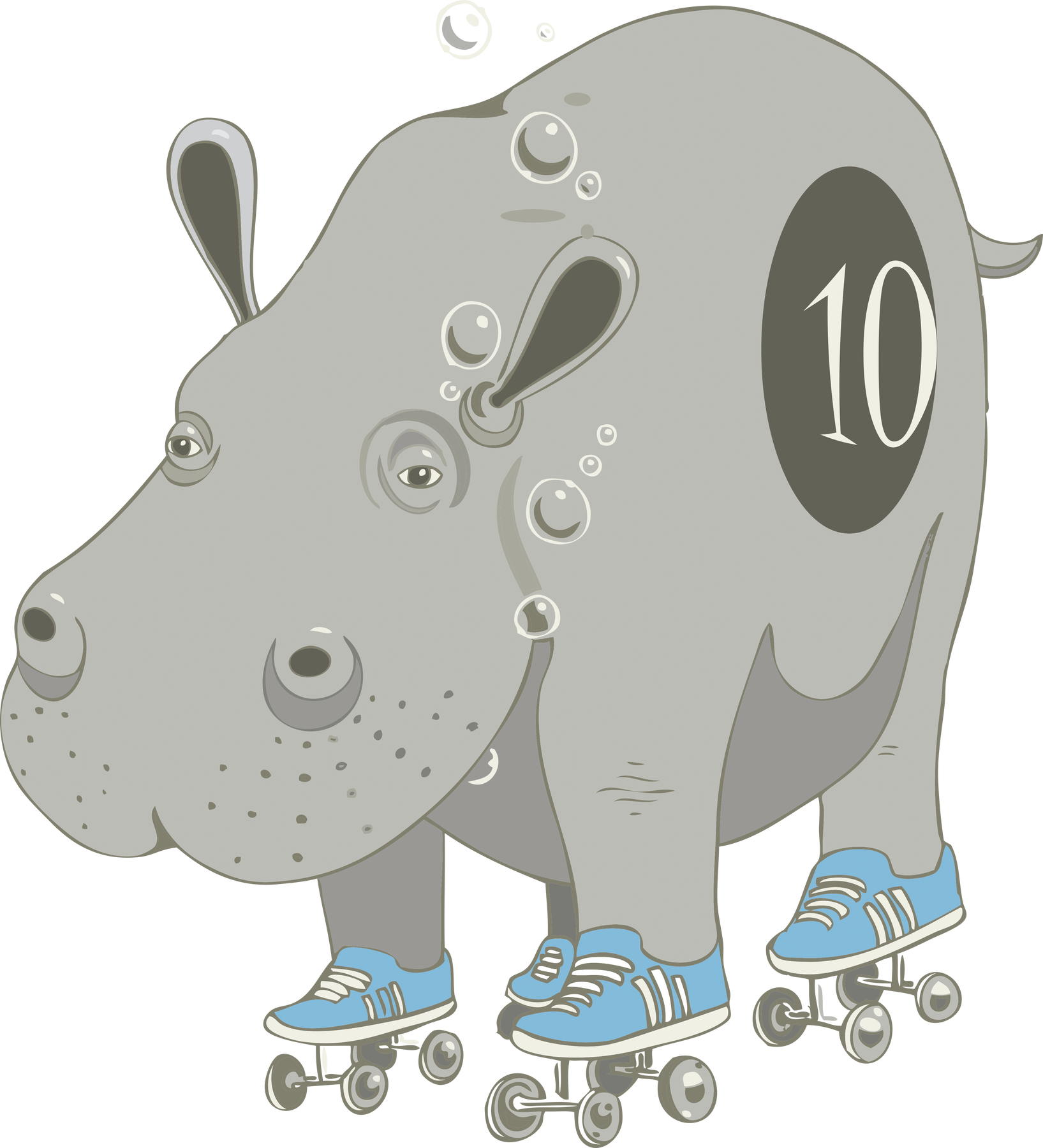 A cartoon hippo wearing blue sneakers is roller-skating. It has the number 10 on its side and bubbles floating around its head.