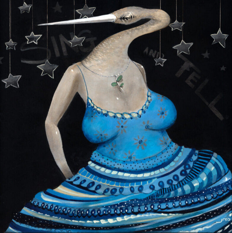“Into the Limelight” by jarrodeastman is a surreal acrylic painting featuring a bird with a long beak and human body in a blue patterned dress, set against a starry black backdrop with the words “Sing and Tell.”.