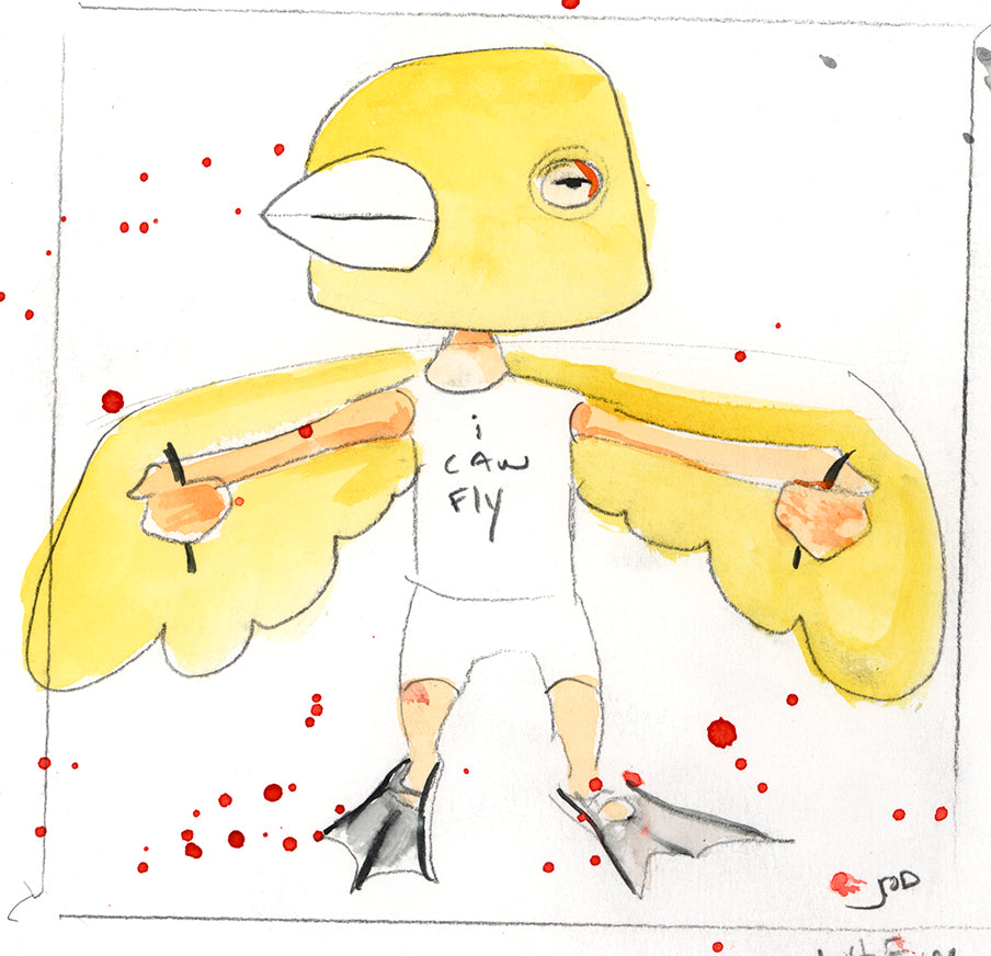 Just fine by jarrodeastman is a watercolor and pencil on paper of a figure in a yellow bird costume with outstretched wings, webbed feet, an i can fly shirt, and scattered red spots in the background.
