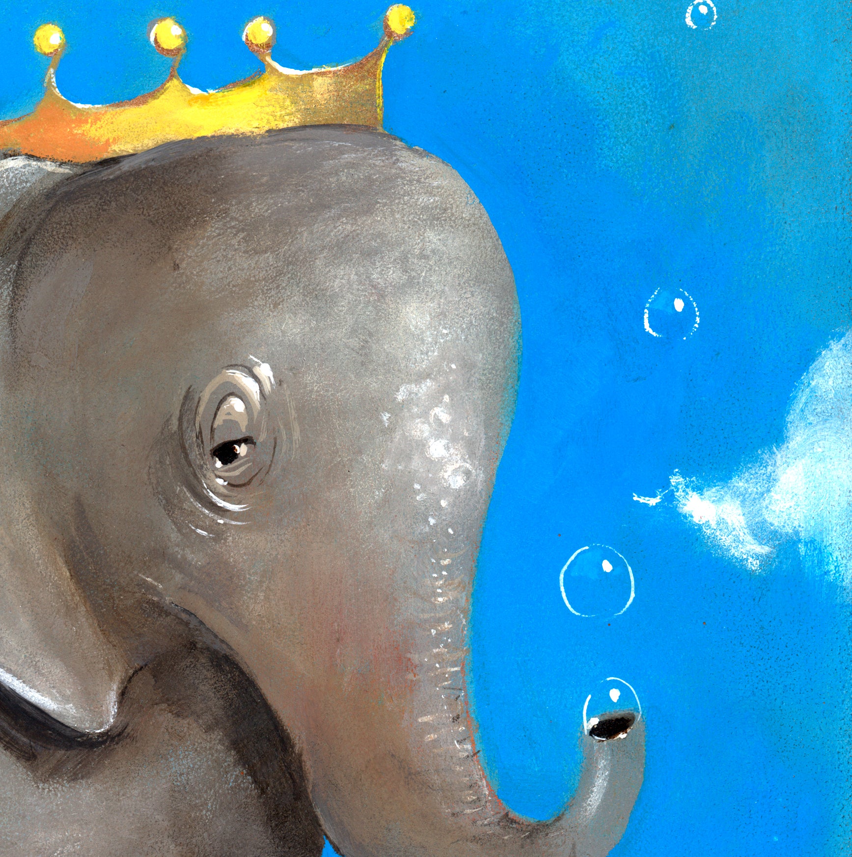 Love Nest by Jarrod Eastman: A vivid elephant with a golden crown, bubbles, and cloud on a bright blue backdrop—artist-grade cotton canvas giclée print for vibrant color and exquisite detail.