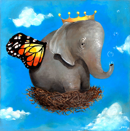 " love nest" by Jarrod Eastman is an artist-grade cotton canvas print  featuring a whimsical gray baby elephant with a monarch butterfly wing, wearing a gold crown, sitting in a nest beneath a bright blue sky with fluffy clouds.