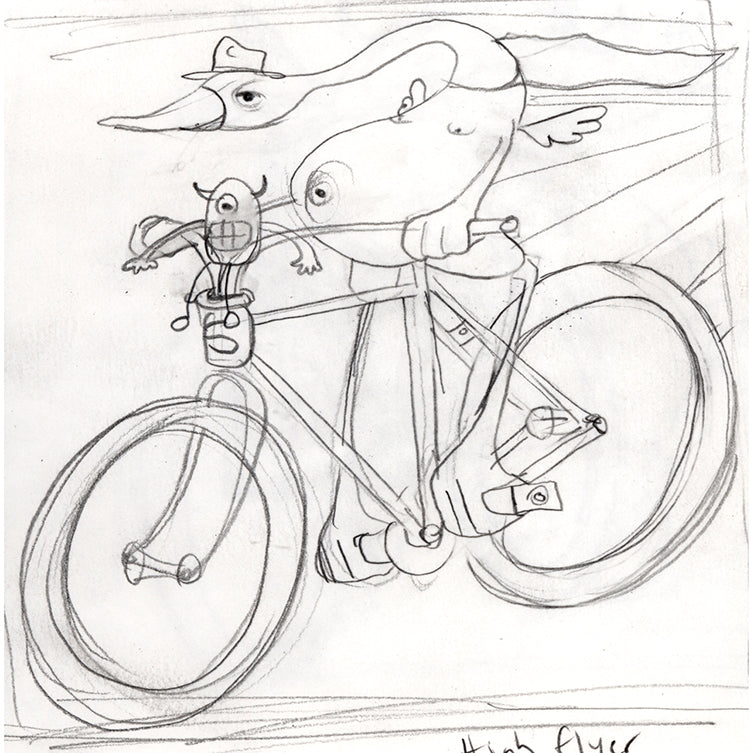 “Momma Mia” by jarrodeastman is a whimsical pencil sketch of a bird with a human-like body riding a bicycle, wings stretched back and motion lines behind to evoke speedy movement.