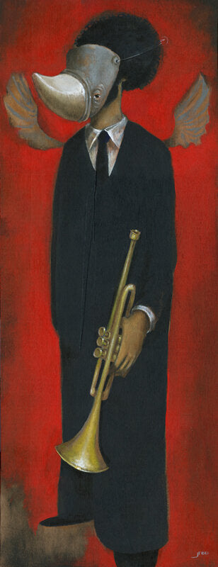 In “Prayer is a Trumpet” by jarrodeastman, a figure in a black suit with a birdlike metal mask and faded angel wings holds a trumpet against a vivid red backdrop in this striking acrylic painting.