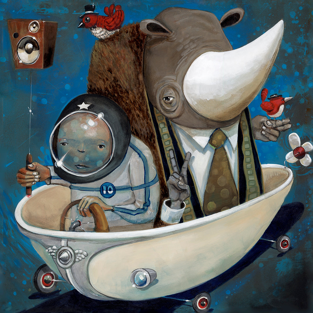 In Prodigi’s “Preaching to the Choir,” a child in a space suit drives a wheeled tub with a rhinoceros in a suit. Birds hover as speakers and propellers are attached, creating a whimsical, surreal scene.