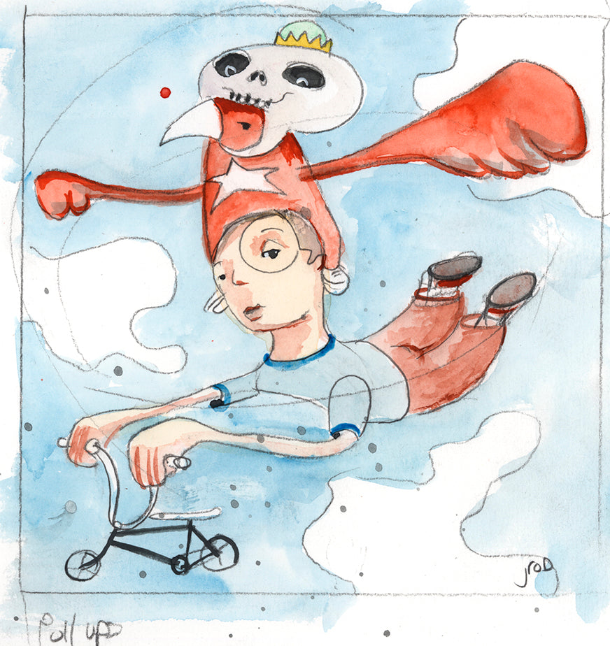 Pull up by jarrodeastman is a whimsical watercolor and pencil illustration showing a person floating with a small bicycle as a crowned, caped red bird-like creature soars above against blue sky and white clouds.