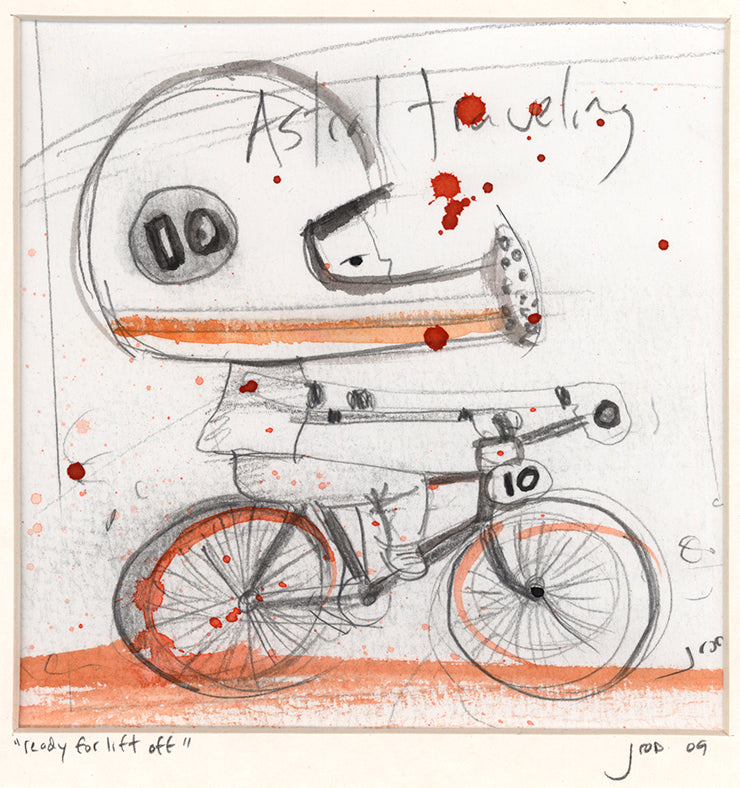 Ready for lift off by jarrodeastman is a pencil on paper sketch featuring a child in an astronaut helmet and racing suit riding a bike numbered 10, set against orange and red splashes with the title below.