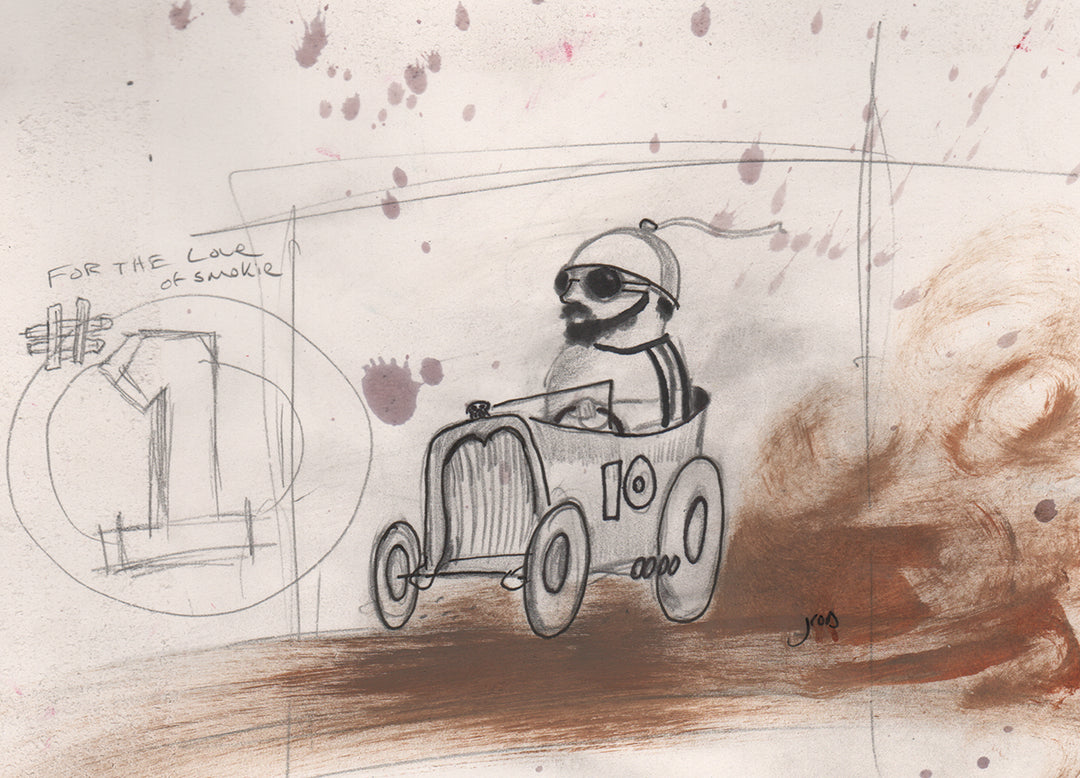 Hot Rod by jarrodeastman is an original pencil drawing of a man wearing sunglasses and a hat driving a vintage race car, with racing suit sketches, For the love of smoke on the left, brown dust trail, and reddish stains.