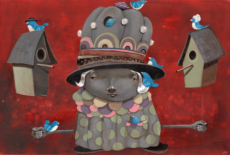 “Shades of You” by jarrodeastman is a whimsical acrylic painting featuring a gray-skinned figure in a decorated hat, surrounded by blue birds and holding two birdhouses, set against a textured red background.