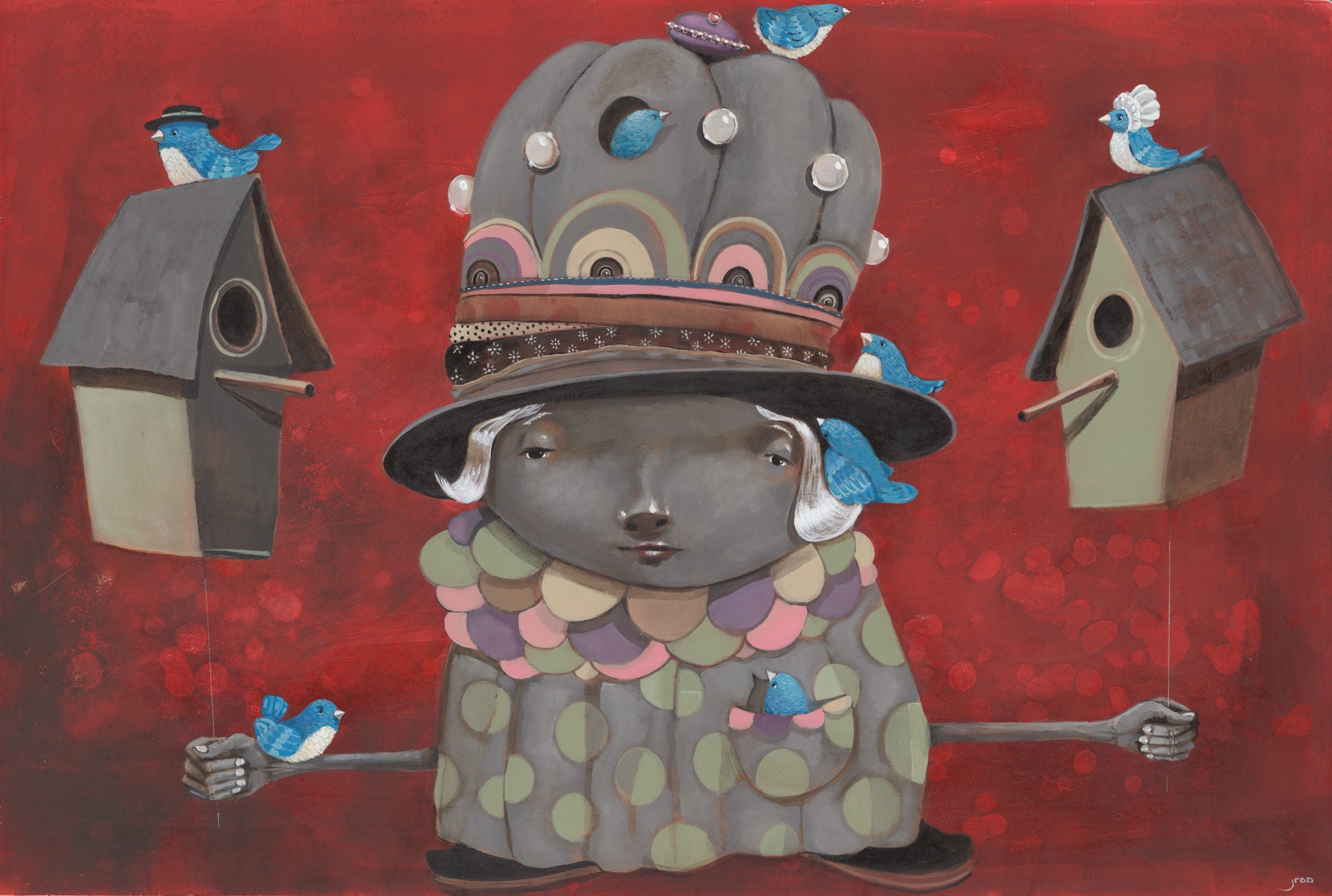 A whimsical illustration of a gray-skinned figure with a large, decorated hat and robe, holding two birdhouses on sticks, surrounded by blue birds, set against a deep red background.