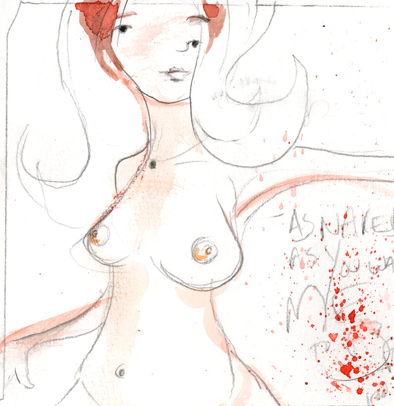 Short haired girls by jarrodeastman is a loose, sketch-style pencil drawing on paper, showing a nude woman with short hair, red accents, splatters of red paint, and faint handwritten text along the right side.