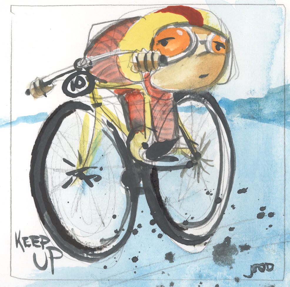A stylized watercolor Single speed print by jarrodeastman features a cyclist in orange and yellow racing at high speed with KEEP UP in the bottom left. Free US Shipping.