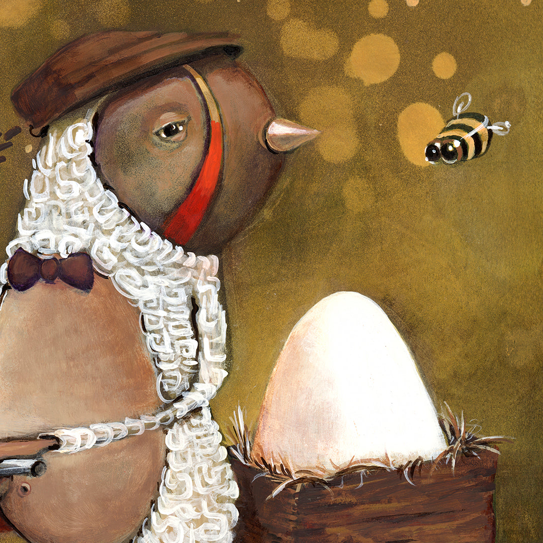 Spokes Malone by Prodigi features a whimsical bird in a white lace shawl and brown hat beside a large egg, gazing at a bee on a golden sparkly background—printed on artist-grade cotton canvas for an elegant fine art look.