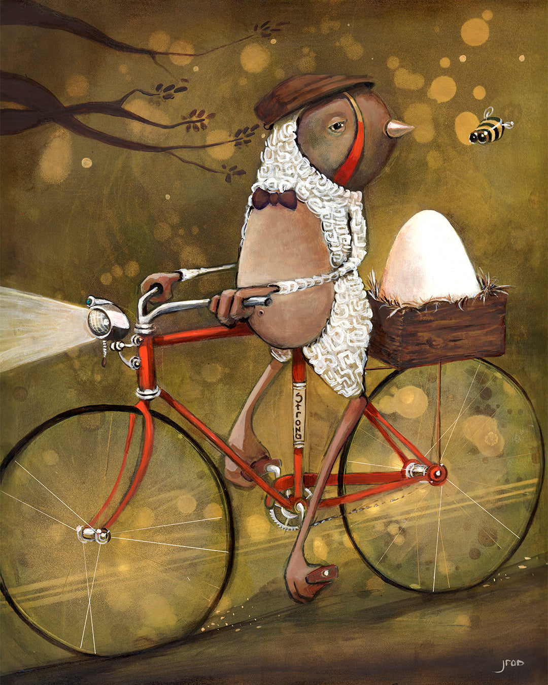 Spokes Malone by Prodigi features a whimsical bird in a wool scarf and hat cycling at night with a glowing headlight, carrying a large egg as a bee hovers nearby—all captured on artist-grade cotton canvas with giclée printing.