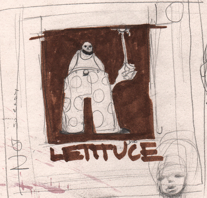 Jarrodeastman’s Stolen Vegetables: A tall figure in polka-dot pants holds a large club before a brown square. “LETTUCE” is boldly written beneath, with loose pencil sketches and scribbles framing the main drawing.