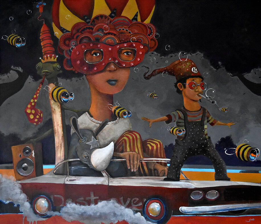 “The Illusion of Certainty” by jarrodeastman is a surreal acrylic painting depicting two figures—one crowned, one in a jester hat—on a red car, surrounded by bees, bubbles, clouds, and mysterious objects against a dramatic dark background.
