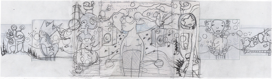 The sketch by jarrodeastman is a playful pencil drawing featuring a central human figure amid surreal elements—floating bubbles, animals, abstract shapes, and cartoonish faces—all rendered in an energetic style.