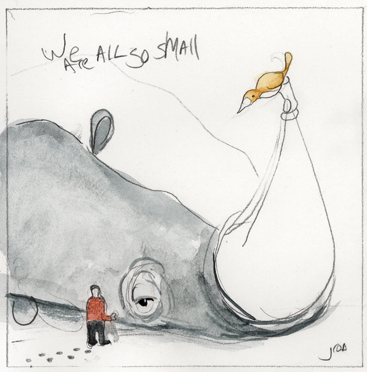 A small person stands next to a large gray rhinoceros with a yellow bird on its horn; We are all so small floats above in loose script. From the Tiny universe series by jarrodeastman.