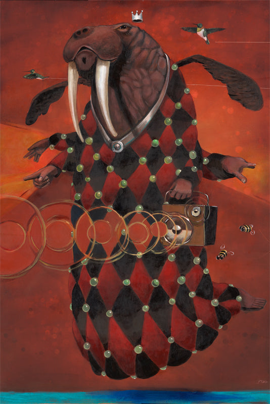 In “Where its Never Quite Been Before” by jarrodeastman, a crowned walrus in a red and black harlequin robe floats in an orange sky, surrounded by bees, birds, and golden rings, holding a briefcase over shimmering blue water.